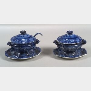 Two Blue Transfer Decorated Staffordshire Sauce Tureens with Undertrays