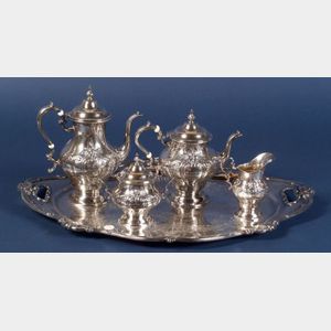 Gorham Hand Chased Sterling Four Piece Tea and Coffee Service with Plated Tray