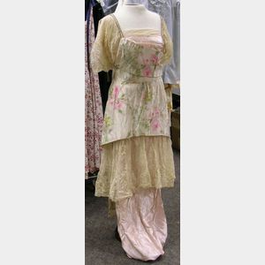Edwardian Printed Silk Taffeta, Silk Satin, Net, and Lace Tea Dress