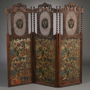 Continental Jacobethan-style Three-panel Carved Oak, Caned, and Painted Leather Floor Screen