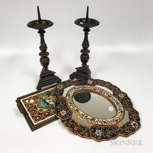 Pair of Bronze Pricket Candlesticks, a Reverse-painted Mirror, and a Tile Tray