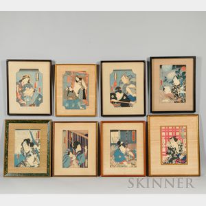 Eight Japanese Color Woodblock Prints, mostly 19th century, depicting Kabuki actors, five by Toyokuni, Sasegawa Higezo, the Gambler, Nu