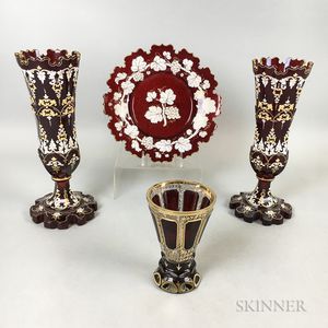 Four Enameled and Gilt Ruby Glass Items