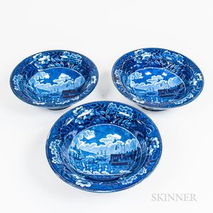 Three Staffordshire Historical Blue Transfer-decorated "Landing of Lafayette" Serving Bowls