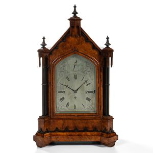 Large Gothic-style Burr Walnut Quarter-chiming Table Clock