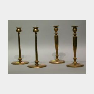 Two Pairs of Arts & Crafts Jarvie-style Bronze Candlesticks.