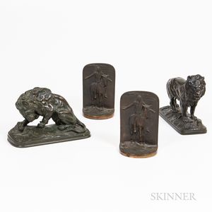 Two Bronze Lion Figures and Pair of Metal Bookends