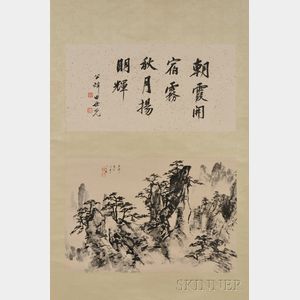 Hanging Scroll of a Landscape and Calligraphy