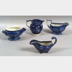 Four Assorted Blue Transfer Decorated Staffordshire Pottery Serving Pieces