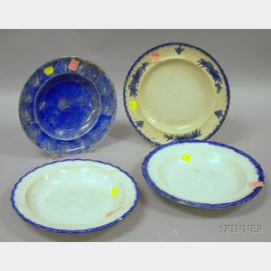 Three Staffordshire Blue Highlighted Bowls and a Plate
