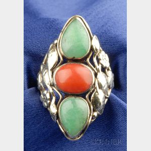 Arts & Crafts 14kt Gold, Coral, and Jadeite Ring
