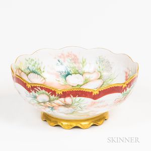 Gilt and Hand-painted Shell-decorated Limoges Porcelain Footed Punch Bowl