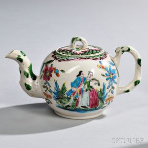 Staffordshire Polychrome Enameled White Salt Glazed Stoneware Teapot and Cover