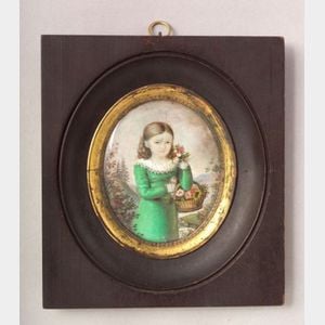 American School 19th Century Miniature Portrait of a Girl in a Green Dress Carrying a Basket of Flowers.