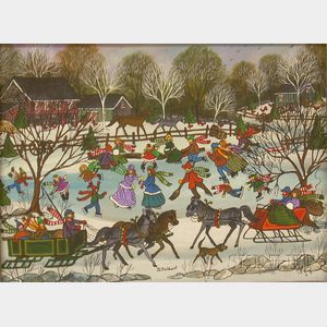 Framed Oil on Canvas Winter Scene with Ice Skaters on a Pond by Jo Sickbert (American, b. 1931)