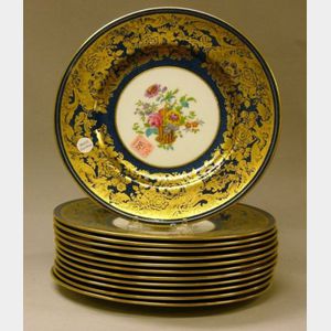 Set of Twelve Wedgwood Gilt and Lapis Decorated Porcelain Dinner Plates.