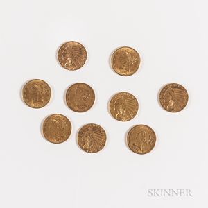 Nine $5 Liberty and Indian Head Gold Coins