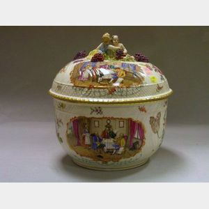 Large Continental Handpainted Porcelain Covered Punch Bowl
