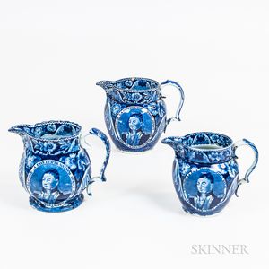 Three Staffordshire Historical Blue Transfer-decorated "Welcome Lafayette the Nation's Guest" Jugs