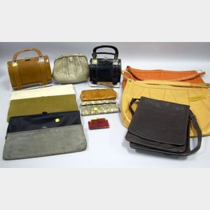 Four Waldman Leather or Suede Oversized Clutches, Two Spanish Leather Metal Bound Purses, a Snakeskin Bag, and ...