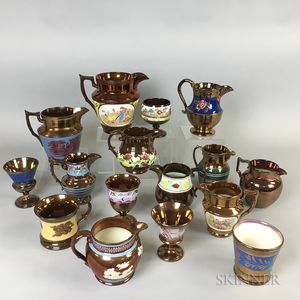 Sixteen Copper Lustre Ceramic Vessels. 