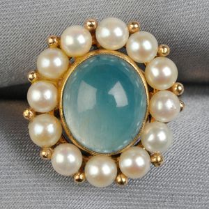 14kt Gold, Aquamarine, and Cultured Pearl Ring