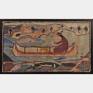 Hooked Rug with a Native American in a Canoe