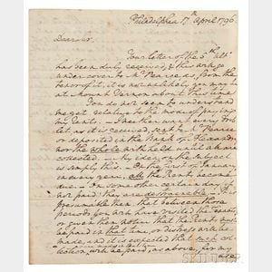 Washington, George (1732-1799) Autograph Letter Signed, Philadelphia, 17 April 1796.