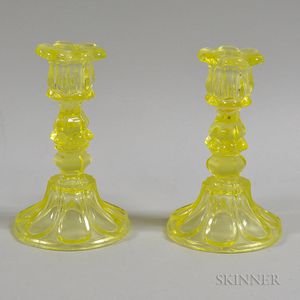 Pair of Canary Pressed Glass Candlesticks