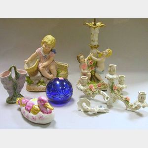 Weller Pottery Vase, a Cobalt Cut-to-Clear Glass Paperweight, a Bisque Figural Vase, Porcelain Duck, and Continental Candelabra