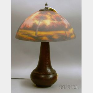 Reverse-painted Landscape Decorated Art Glass and Patinated Metal Table Lamp.