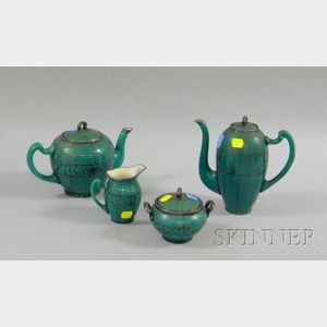 Four-Piece Lenox Sterling Silver Overlay Green Glazed Porcelain Tea and Coffee Set.