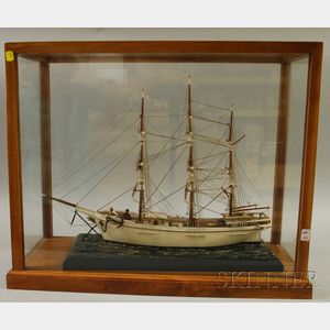 Cased Painted Wooden Three-masted Sailing Ship Model Paul Jones