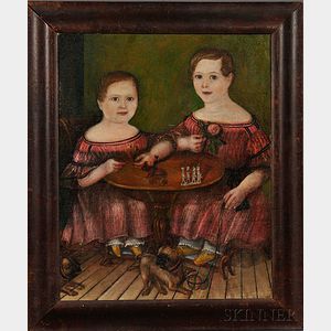 American School, 19th Century Portrait of Two Children Playing at a Table with their Pet Pugs.