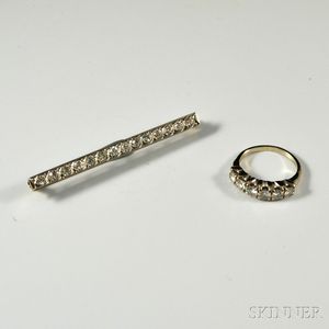 Platinum and Diamond Bar Brooch and a 14kt White Gold and Diamond Ring