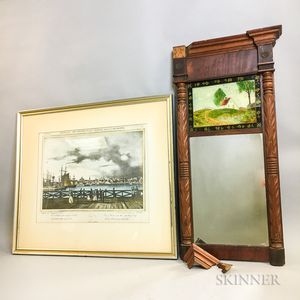 Federal Reverse-painted Glass and Mahogany Mirror and a Framed Print of Boston Harbor