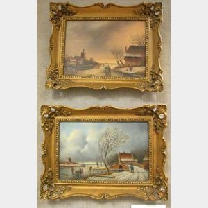 Lot of Two Framed Oil Dutch-style Winter Landscape Scenes.