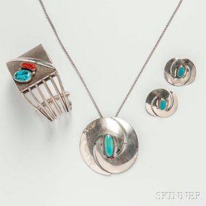 Sterling Silver and Turquoise Pendant and Matching Earclips
