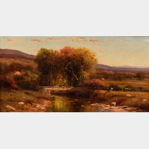 Attributed to Samuel Colman (American, 1832-1920) Autumn Vista with Figure Crossing a Bridge