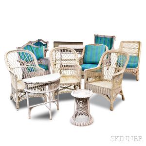 Twelve Pieces of White-painted Wicker Patio Furniture. 