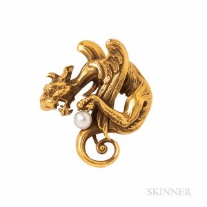 Art Nouveau 14kt Gold and Pearl Griffin Watch Pin