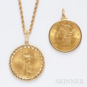 Two Gold Coin-Mounted Pendants