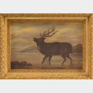American School, 19th Century Profile of a Buck Standing in Shallow Water