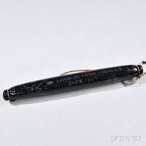 Dark Brown Etched Blown Glass Rolling Pin "LOOK OUT FOR SQUALLS/JACK 1847,"
