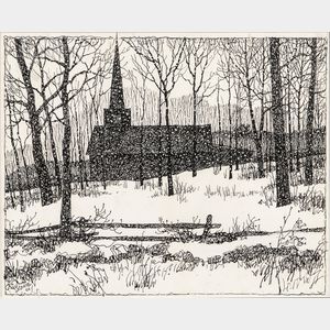 Eric Sloane (American, 1905-1985) Church Silhouette in Winter Landscape