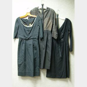 Three Vintage Black Silk and Wool Ladys Dresses.