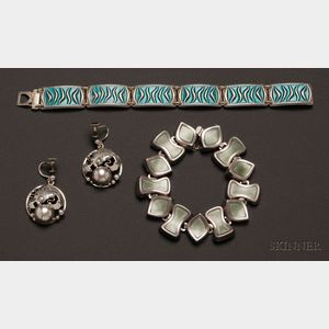 Two Silver and Enamel Bracelets and Earpendants