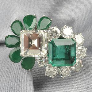Platinum, Emerald, and Diamond Twin-stone Ring