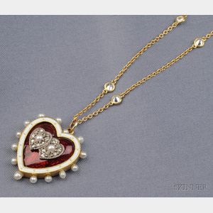 Antique 18kt Gold, Enamel, and Gem-set Heart Pendant Necklace