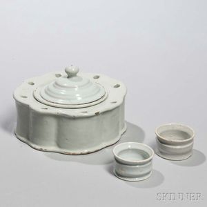 Dutch Delft White-glazed Inkstand and Two Ointment Pots